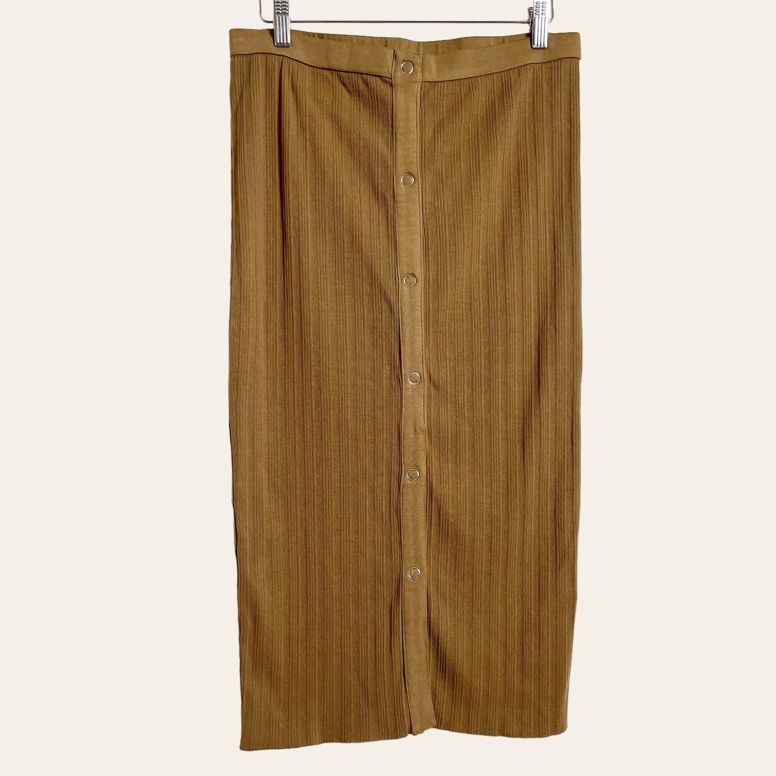 Enza Costa Brown Rib Knit Snap Button Down Midi Skirt Size Large New